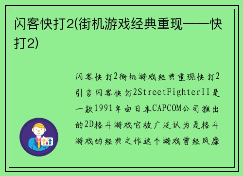 闪客快打2(街机游戏经典重现——快打2)