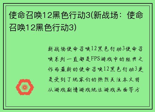 使命召唤12黑色行动3(新战场：使命召唤12黑色行动3)